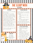 A Halloween-themed newsletter header with pumpkins, a witch hat, and a ghost titled "THE SCOOP WITH MRS. RUEBUSH". Sections titled "Happenings," "At Home Connections," "Safe Tips for Halloween," and "Contact Me" outline first-quarter updates.